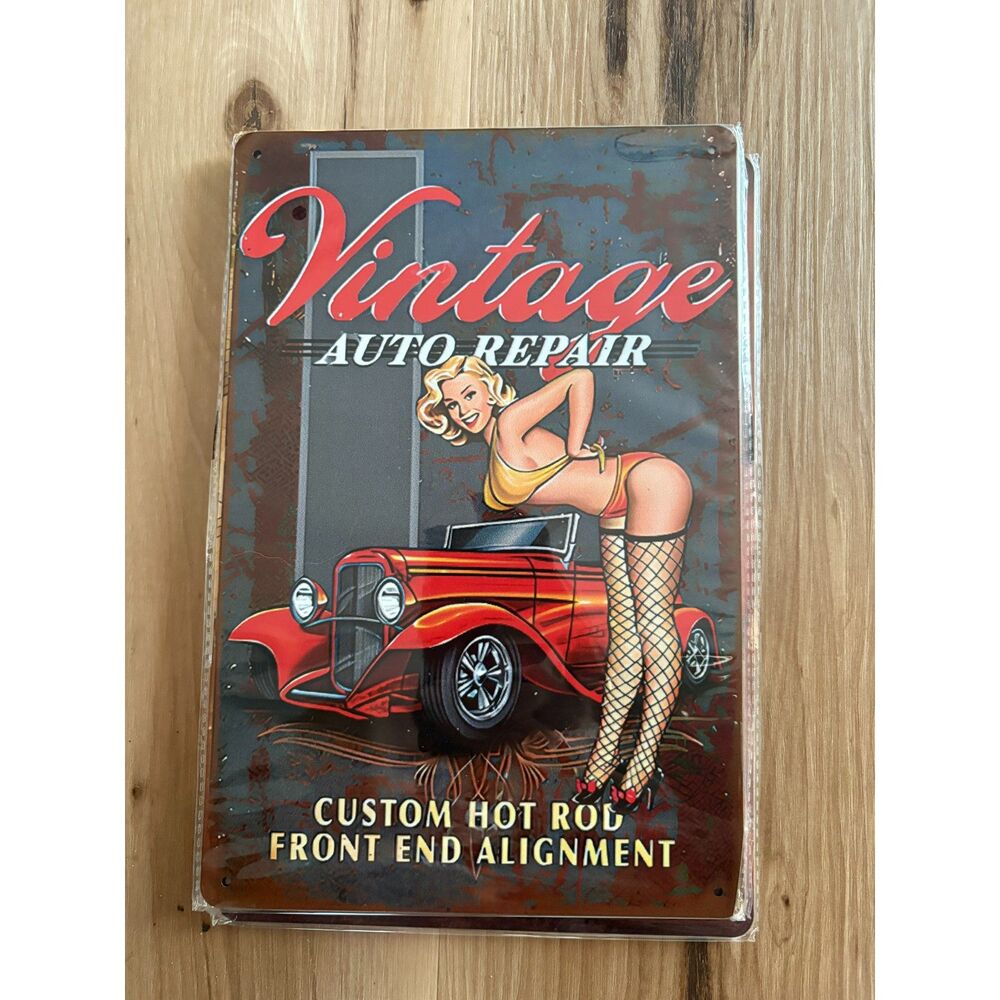 Pinup "Vintage Auto Repair" Hot Rod Metal Sign – Great Workshop Decor!